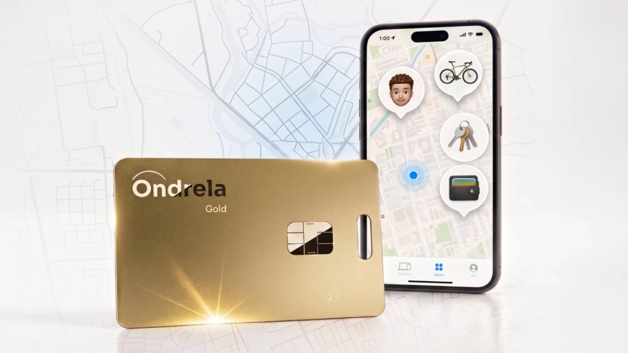 Ondrela Gold tracker card beside a smartphone showing its location on a map