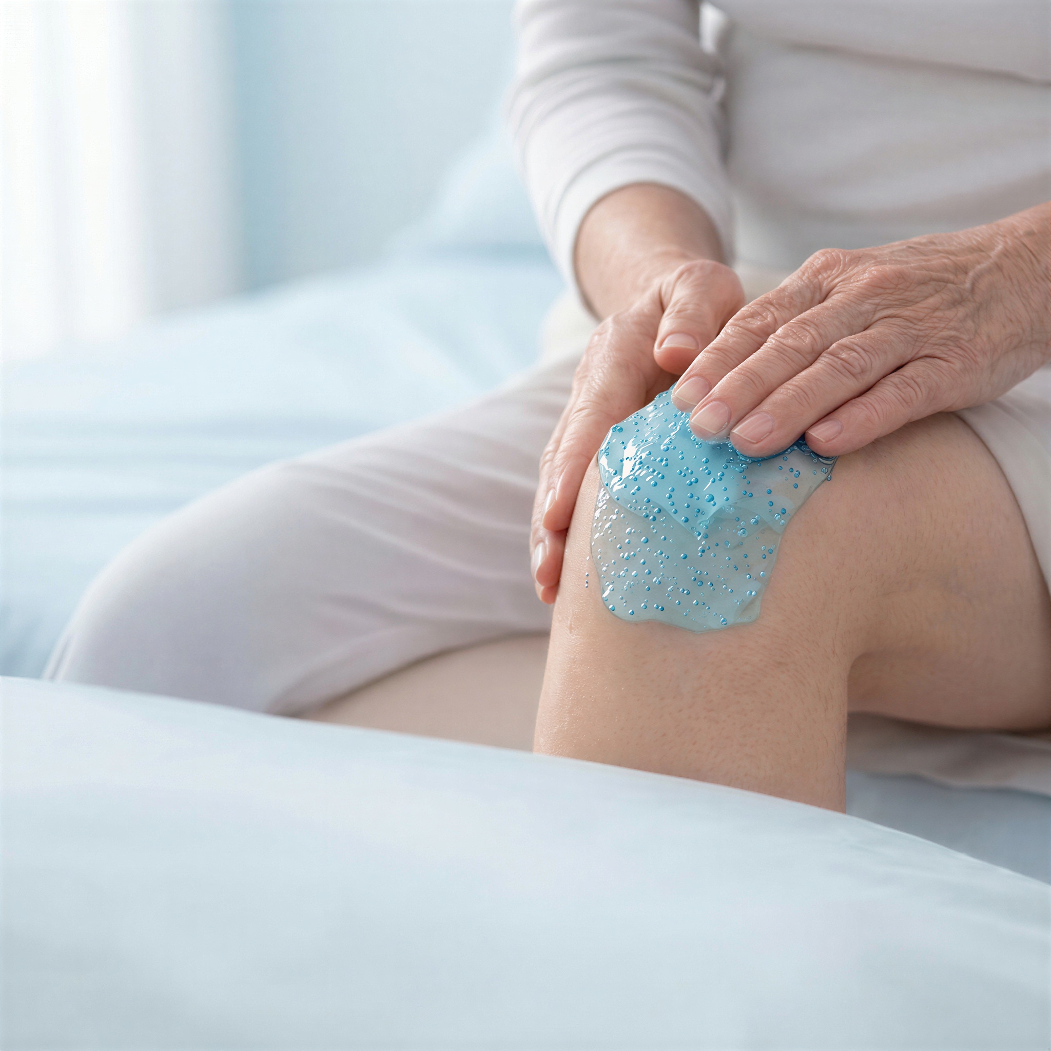 Woman applying cooling gel to her knee